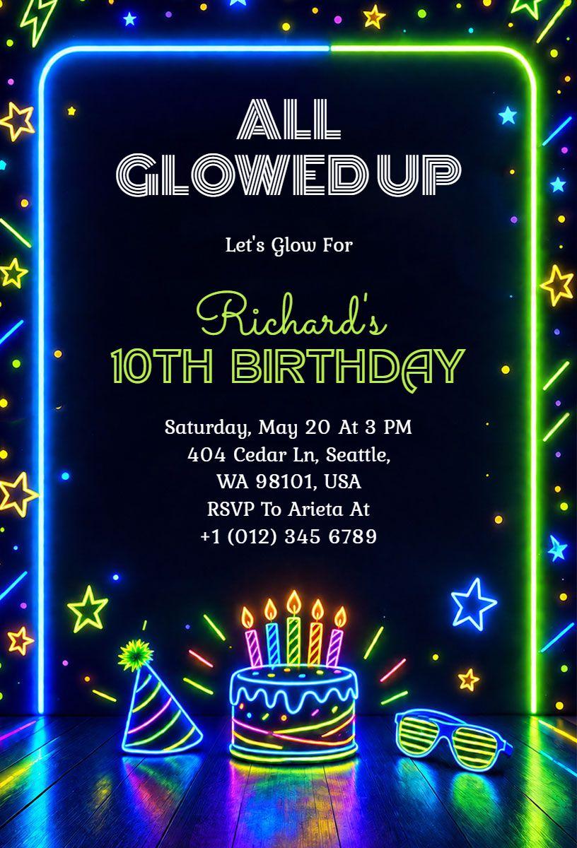 Neon Glow 10th Birthday Party Invitation Template