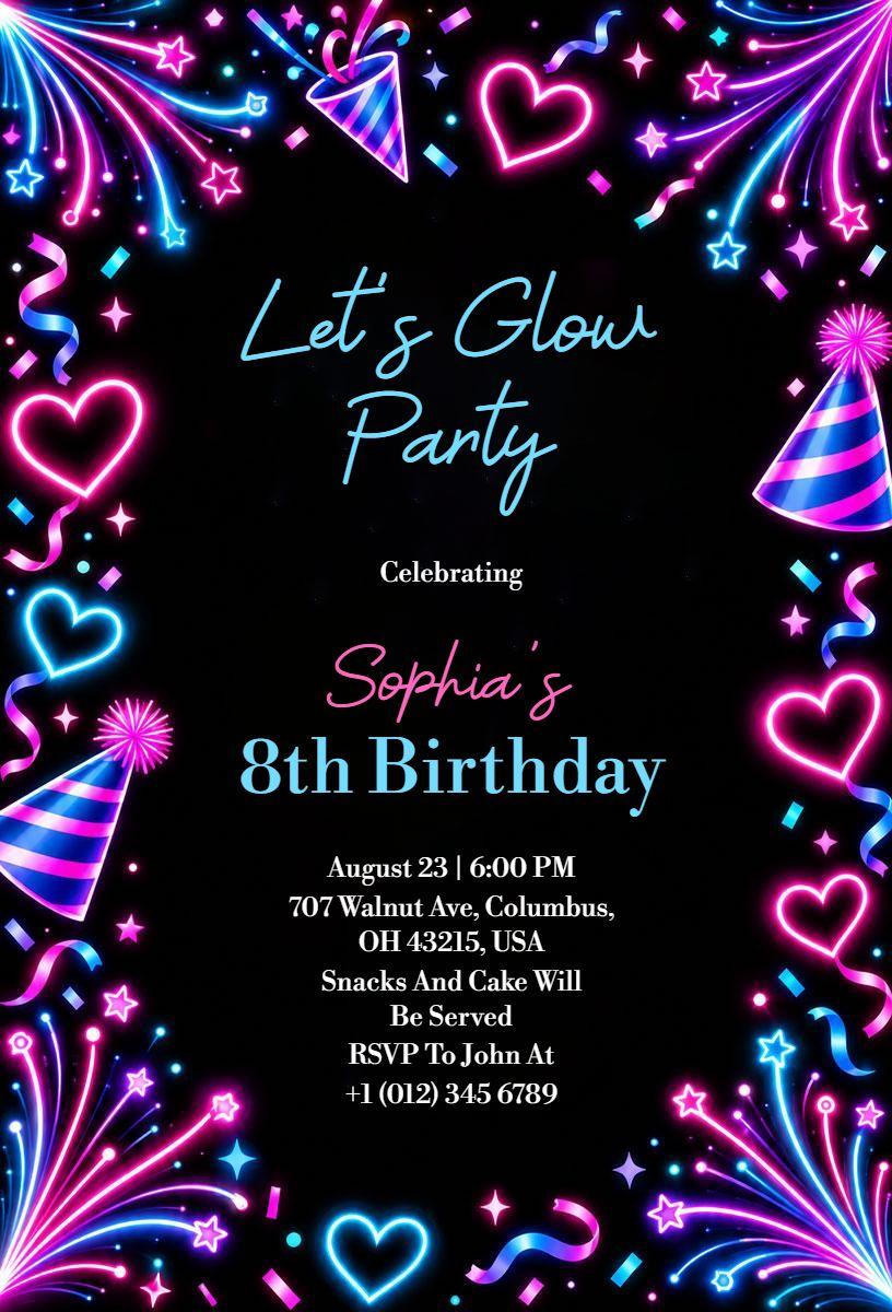 Neon Glow 8th Birthday Party Invitation Template
