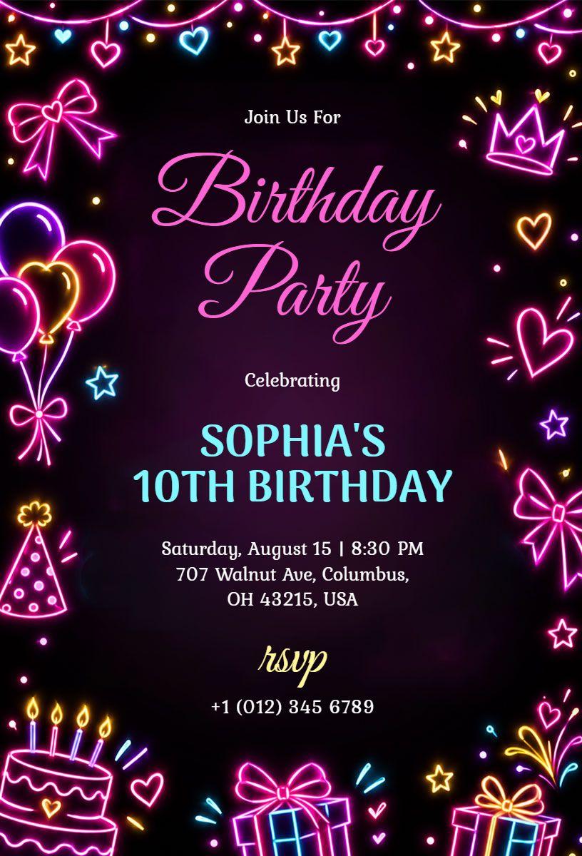 Neon Glow Birthday Party Invitation Template