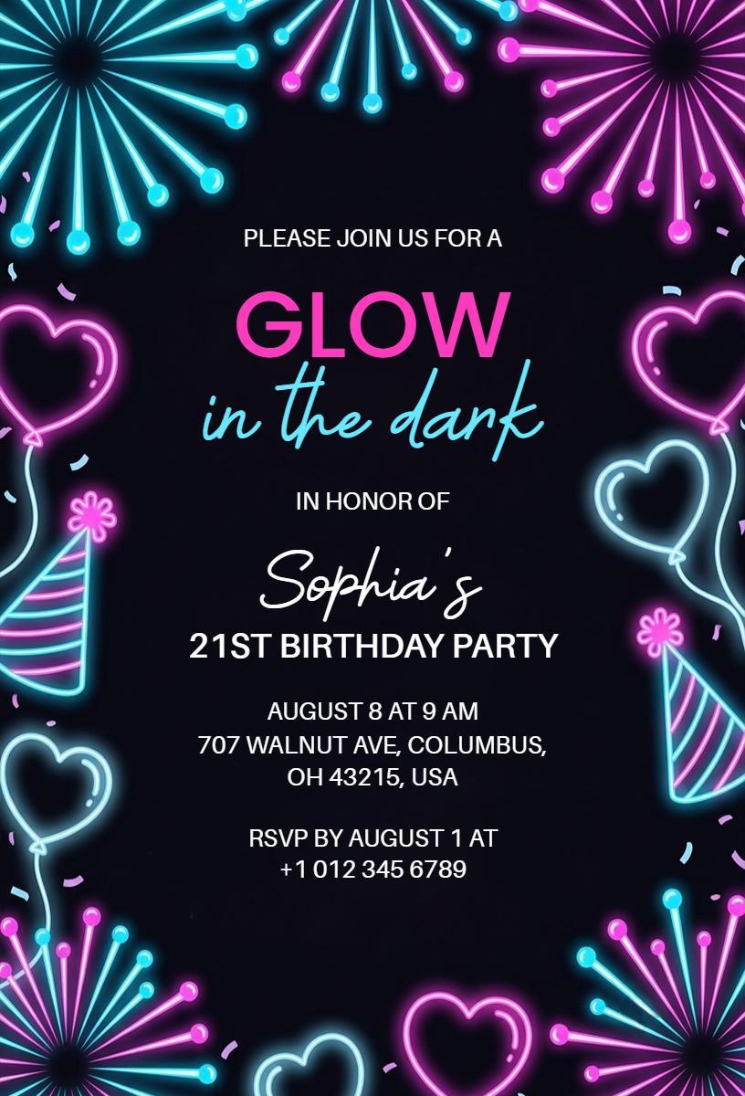 Neon Glow Dark 21st Birthday Celebration Invitation Template