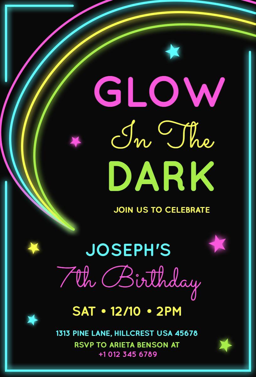 Neon Glow in the Dark 7th Birthday Celebration Invitation Template