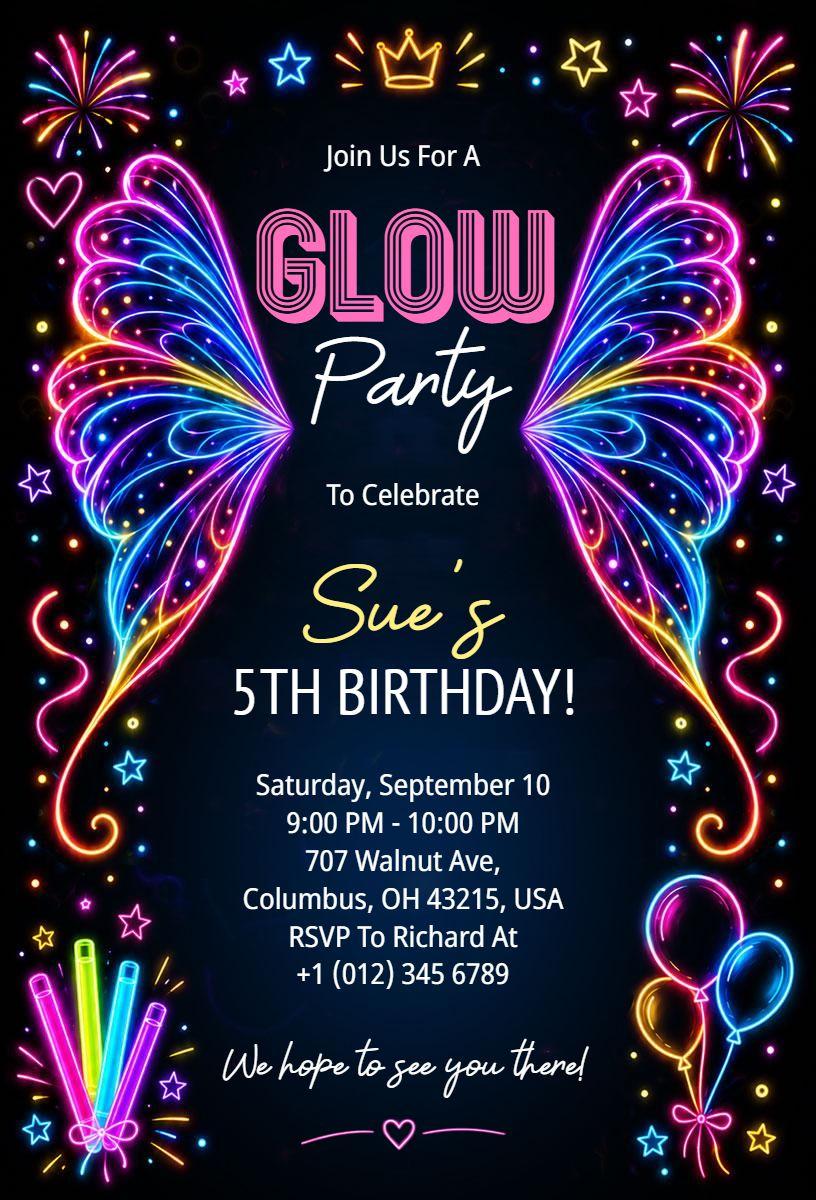 Neon Glow Kids Birthday Party Invitation Template
