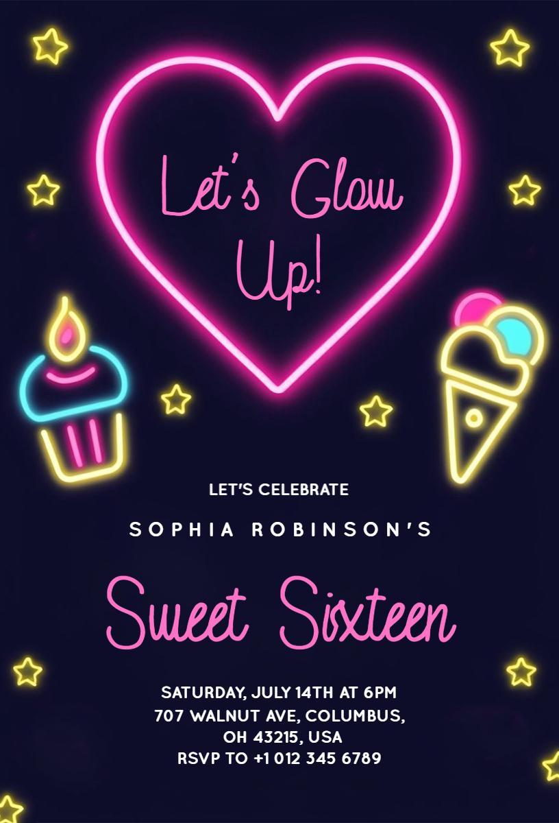 Neon Glow Sweet Sixteen Birthday Celebration Invitation Template