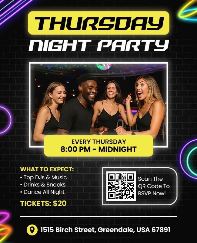Neon Glow Thursday Night Party Celebration Flyer Template
