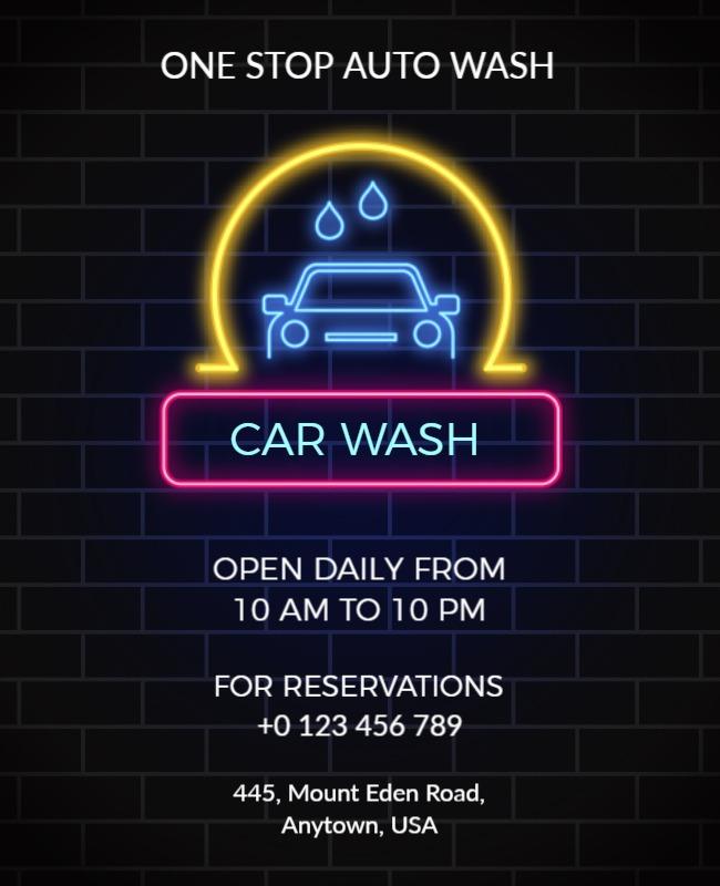 Neon Illuminated Car Wash Service Poster Template