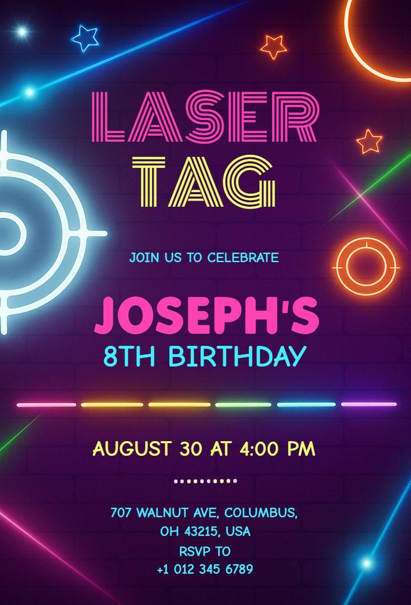 Neon Laser Tag 8th Birthday Celebration Invitation Template