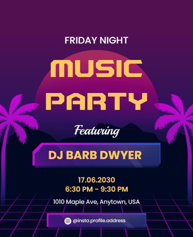 Neon Palm Tree Themed Friday Night Music Party Poster Template