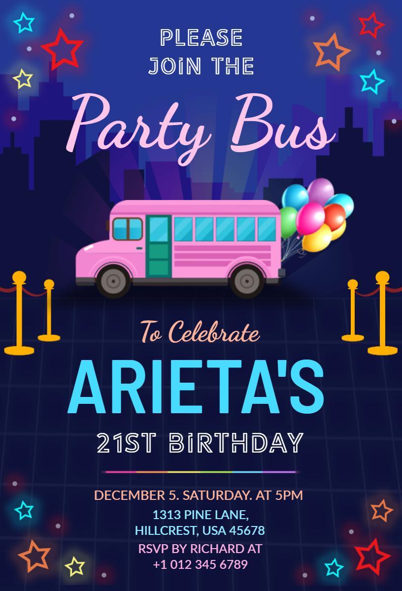Neon Party Bus 21st Birthday Celebration Invitation Template