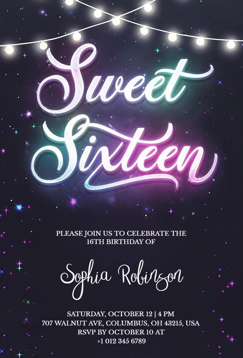 Neon Sweet Sixteen Glow Party Birthday Invitation Template