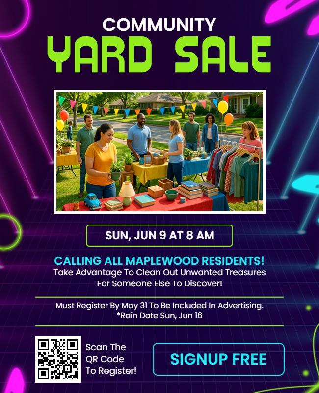 Neon Theme Community Yard Sale Event Flyer Template