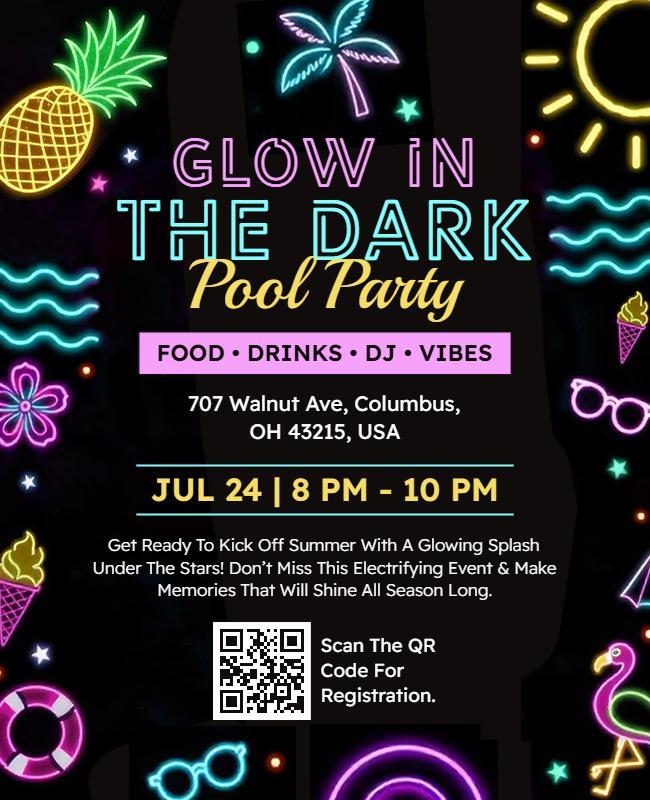 Neon Tropical Glow in the Dark Pool Party Flyer Template