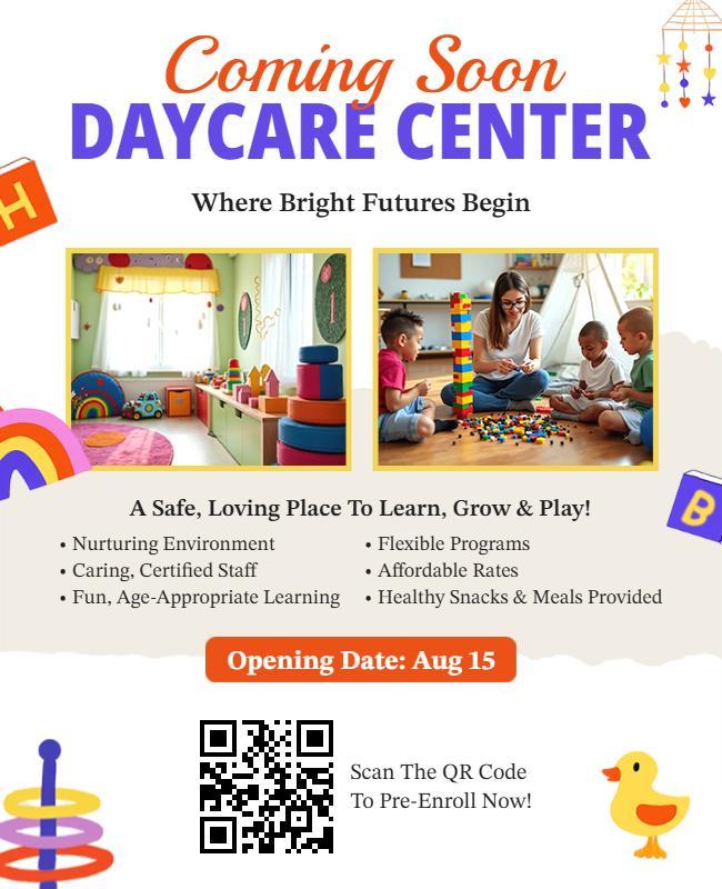 New Daycare Center Coming Soon Announcement Flyer Template