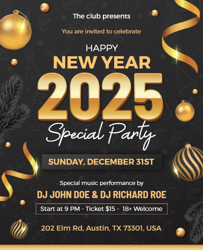 Elegant Gold Black New Year 2025 Celebration Party Flyer Template