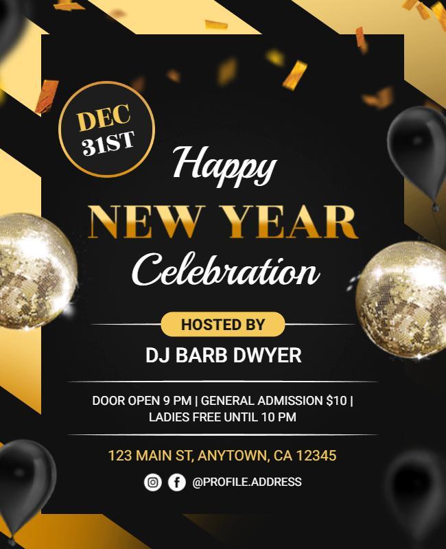 Chic Black and Gold Festive New Year Party Flyer Template