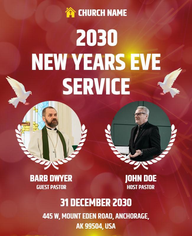 Vibrant Red New Year's Eve Church Service Flyer Template