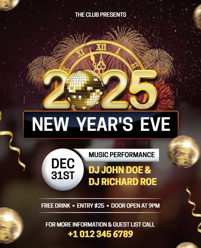 Festive Gold 2025 New Year's Eve Celebration Flyer Template