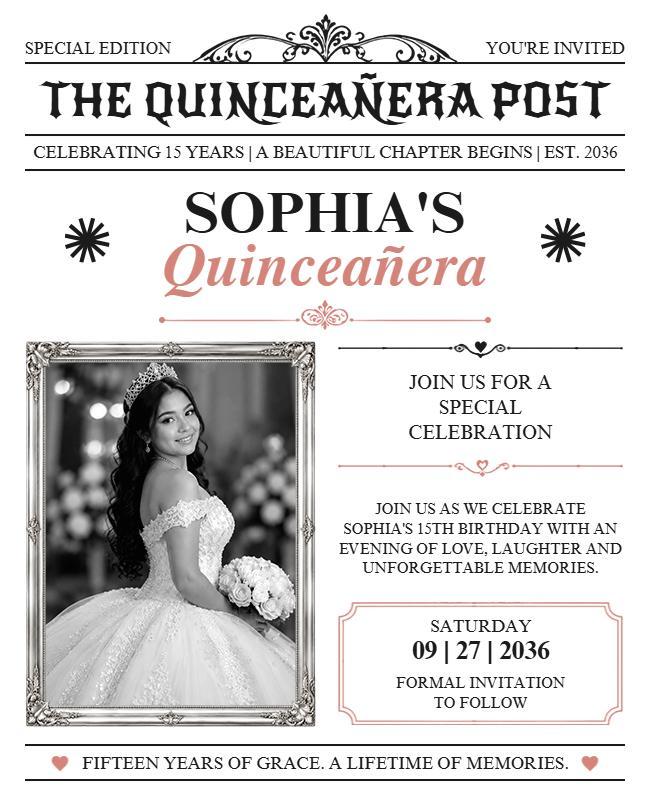 Newspaper Themed Quinceañera Celebration Invitation Flyer Template
