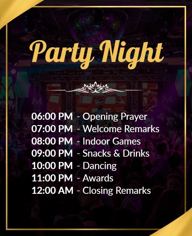 Nighttime Indoor Party Schedule Flyer Template