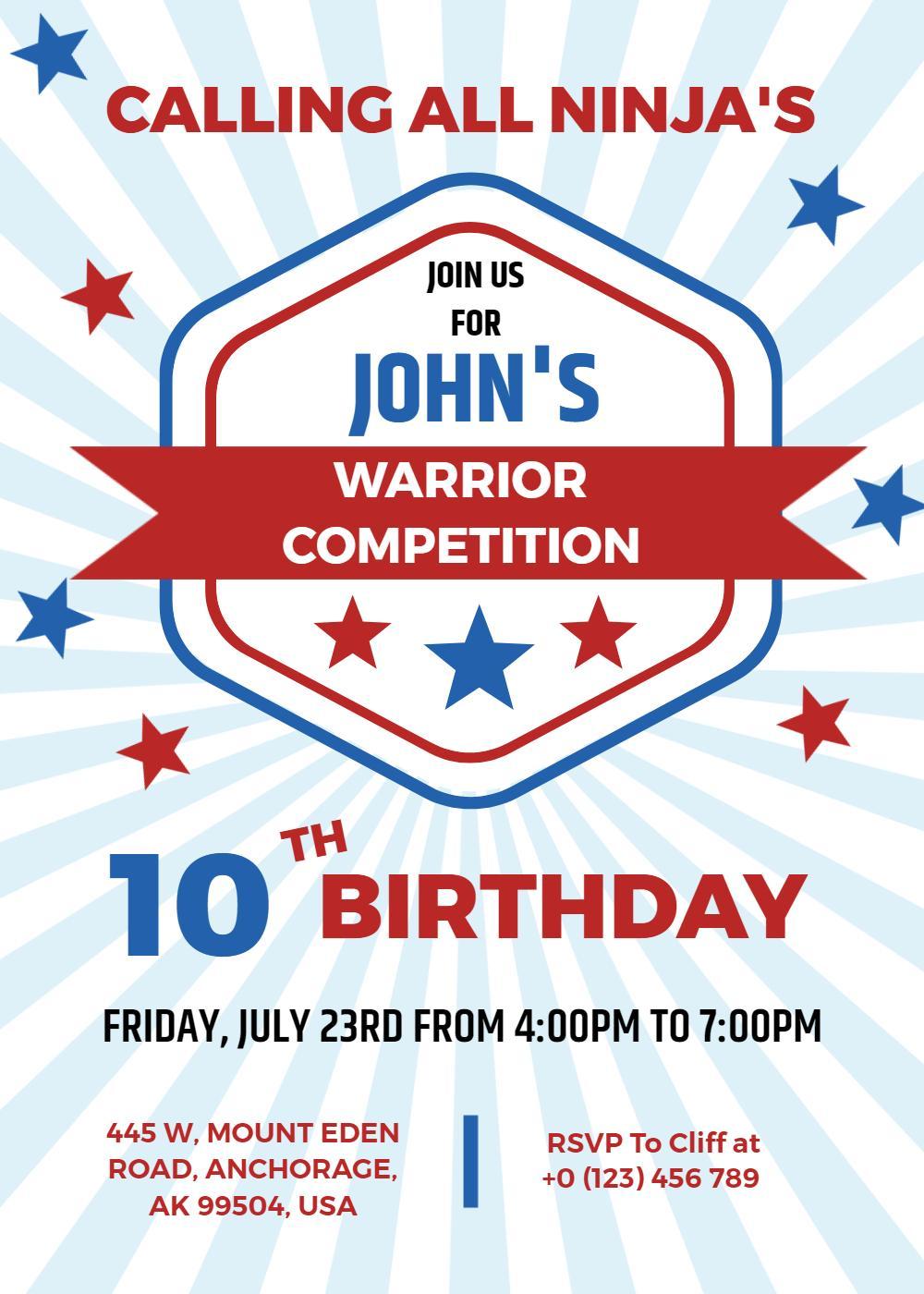 Ninja Warrior Competition 10th Birthday Invitation Template