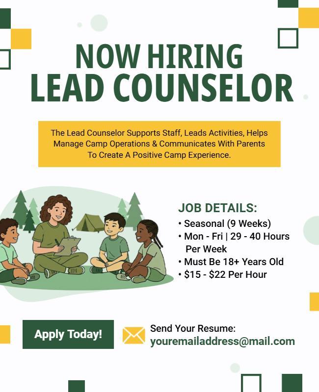 Now Hiring Camp Lead Counselor Poster Template