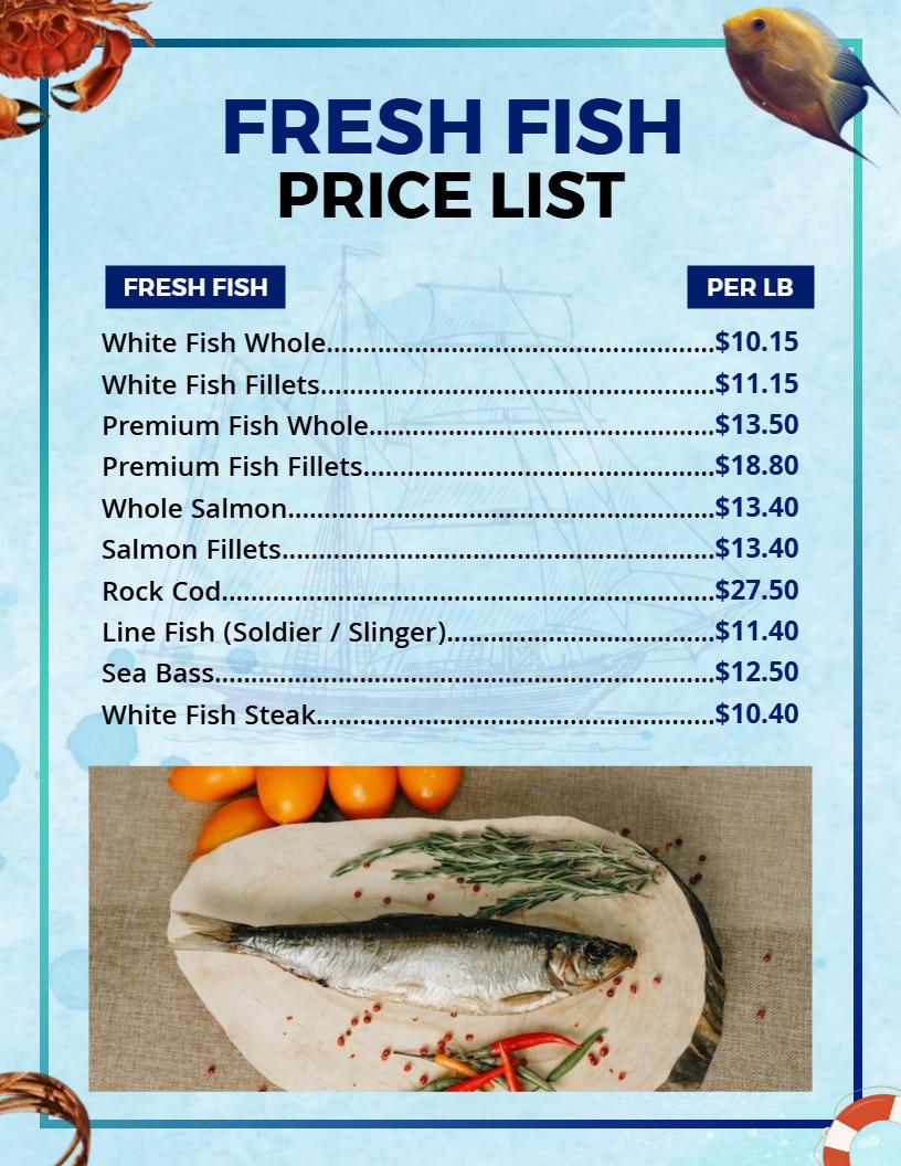 Oceanic Theme Fresh Fish Culinary Price List Template