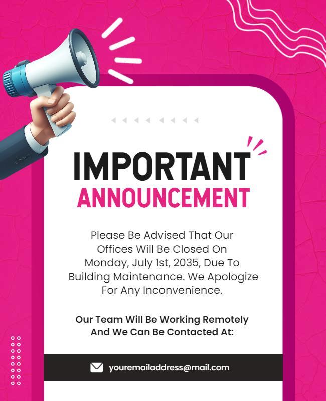 Dynamic Pink Important Office Closure Announcement Flyer Template