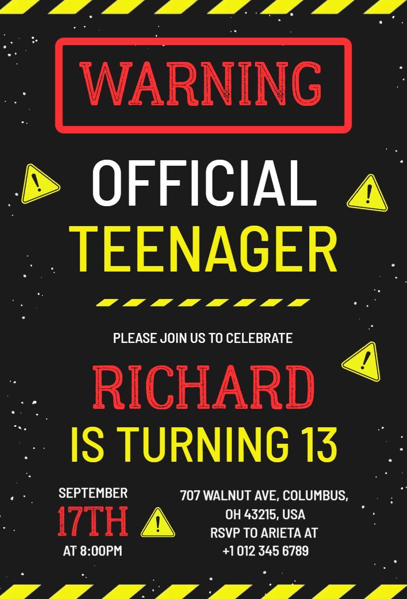 Official Teenager Warning 13th Birthday Celebration Invitation Template