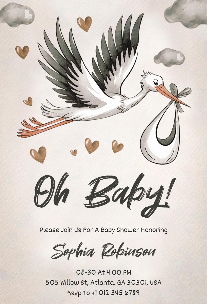 Oh Baby Stork Illustrated Baby Shower Invitation Template