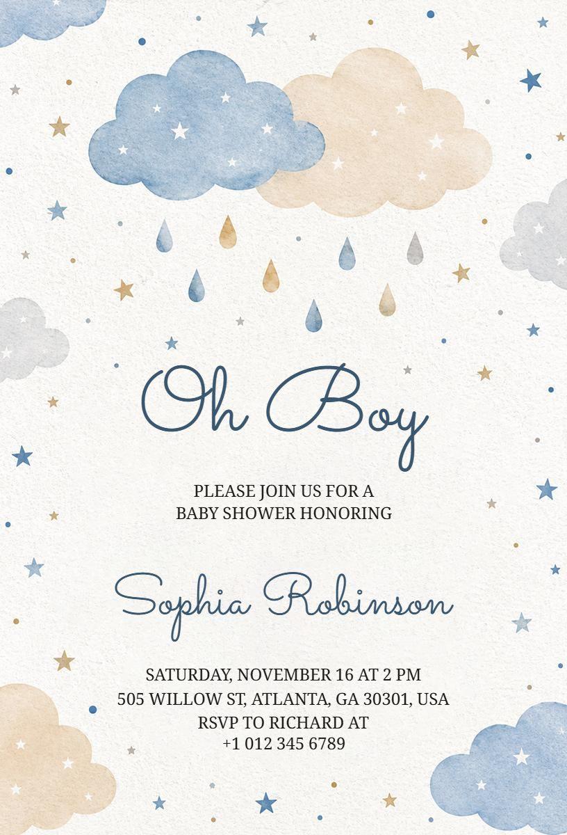 Oh Boy Clouds Themed Baby Shower Celebration Invitation Template