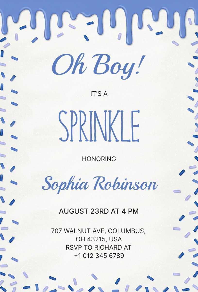 Oh Boy Cute Blue Baby Sprinkle Celebration Invitation Template