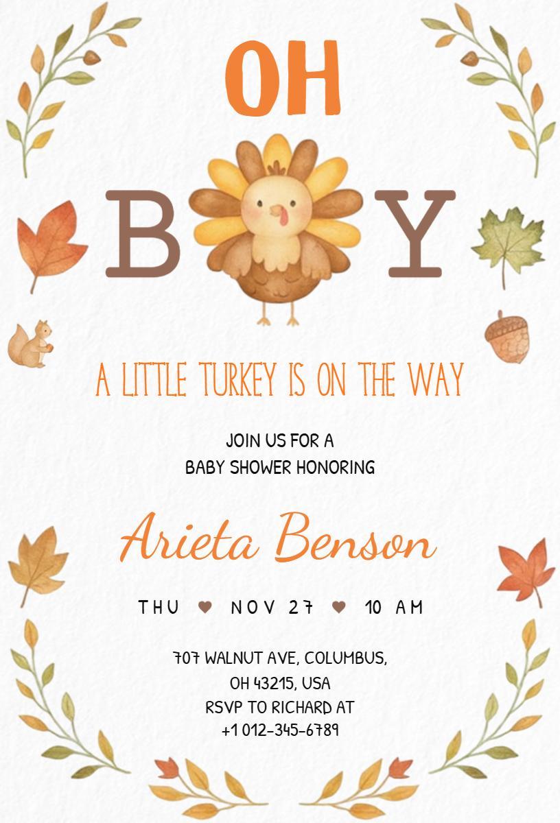 Oh Boy Turkey Themed Fall Baby Shower Invitation Template