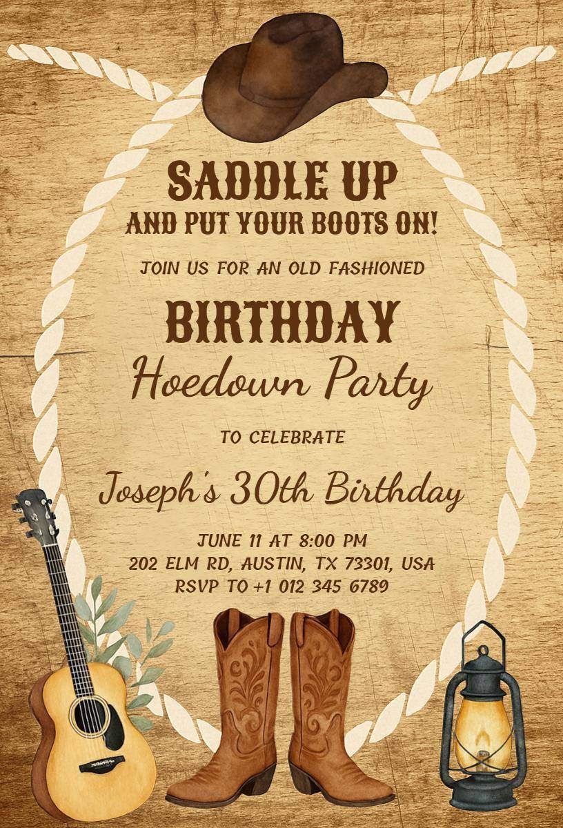 Old Fashioned Cowboy Hoedown Birthday Celebration Invitation Template