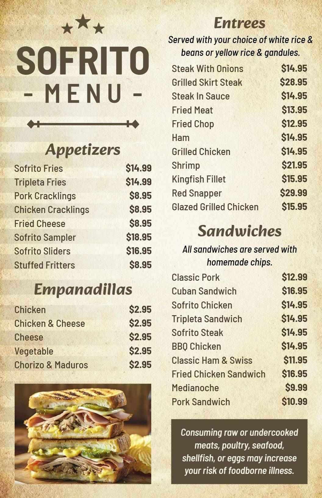 Old-Fashioned Rustic Sofrito Specialties Menu Template