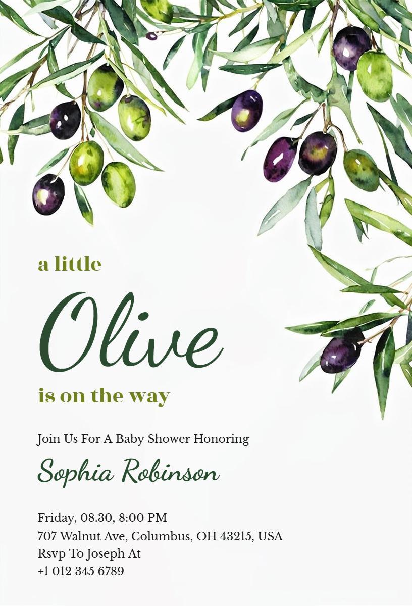 Olive Branch Themed Baby Shower Celebration Invitation Template