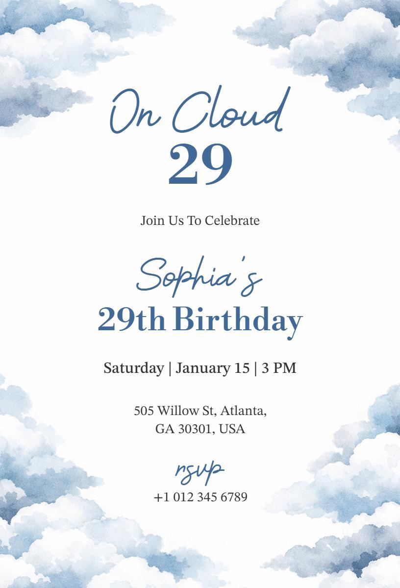 On Cloud Theme Sky Blue 29th Birthday Celebration Invitation Template