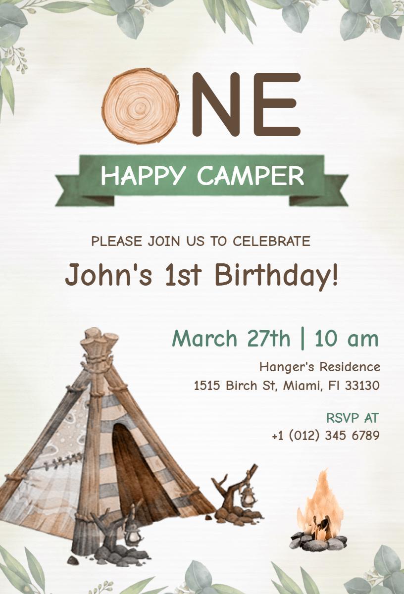 One Happy Camper Camping Birthday Celebration Invitation Template