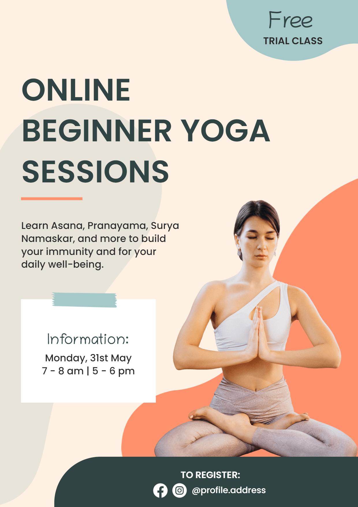 Online Beginner Yoga Sessions A4 Flyer Template