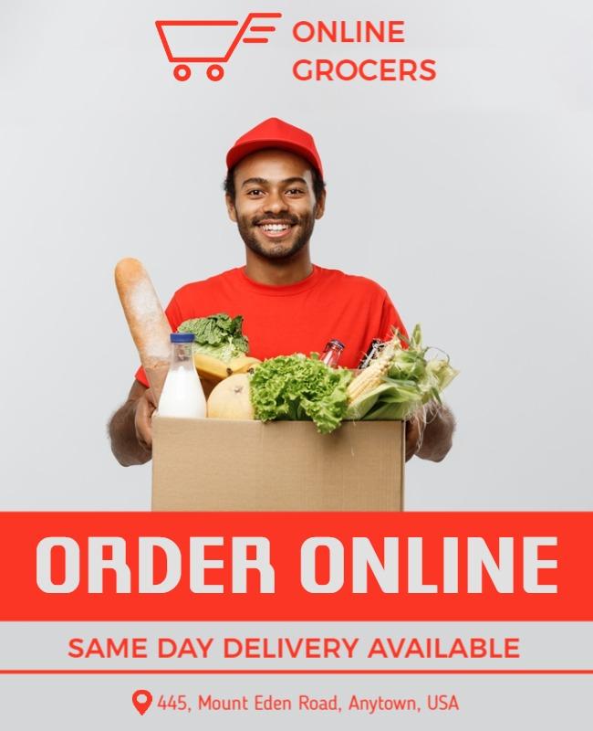 Bright Red Online Grocery Delivery Service Flyer Template