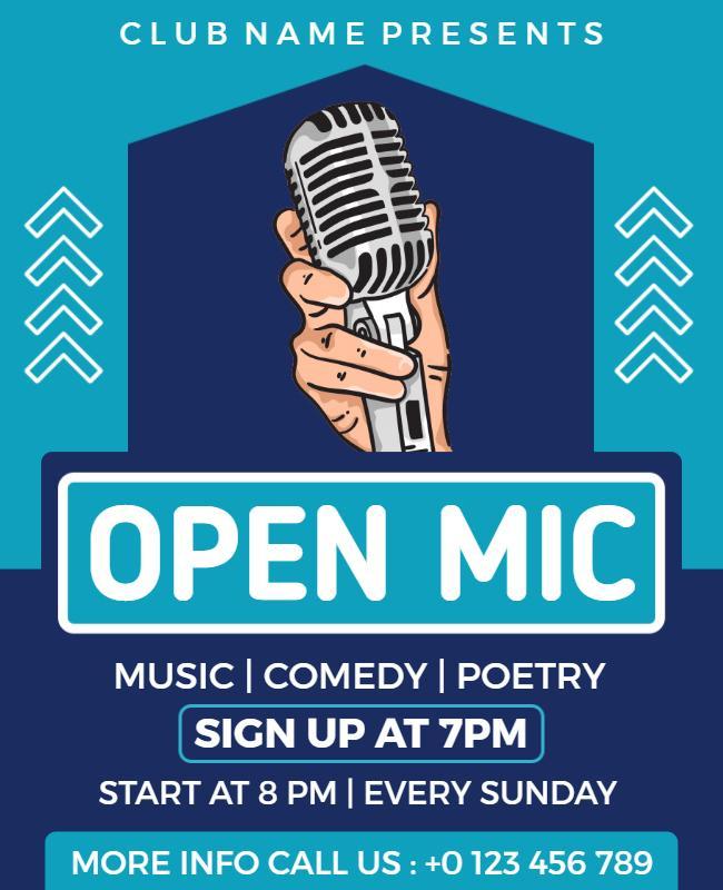 Vibrant Blue Open Mic Music Comedy Poetry Flyer Template