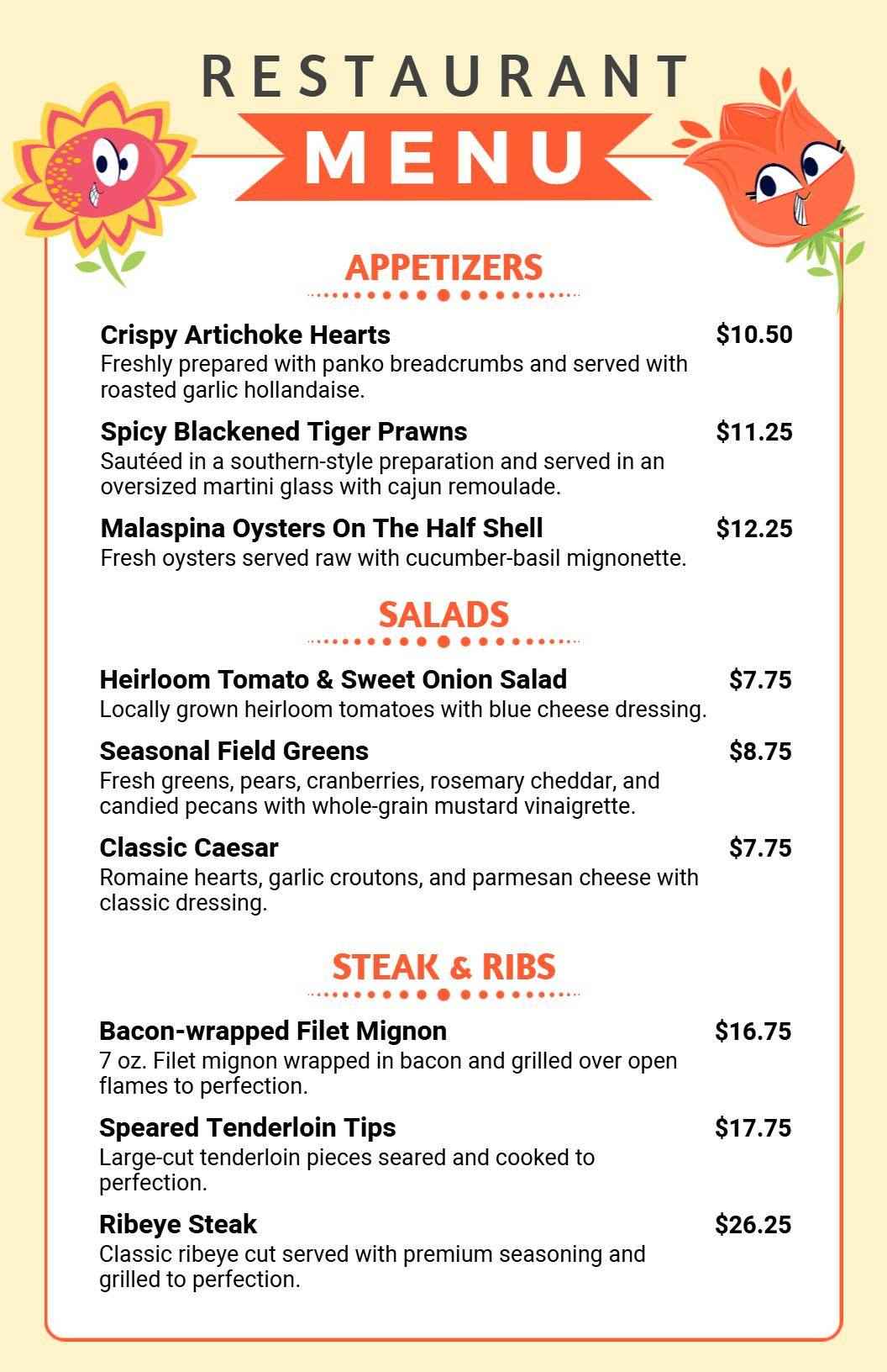 Orange and Yellow Floral Themed Restaurant Menu Template