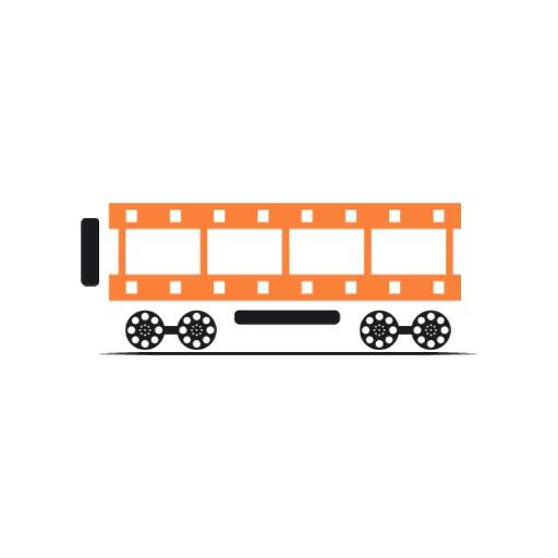 Orange Film Reel on Wheels Showcasing Entertainment Logo Template
