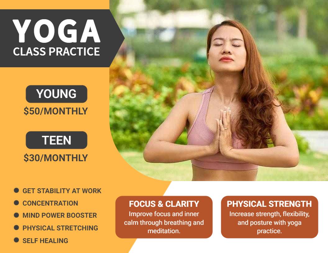 Orange Yoga Class Practice and Pricing Information Brochure Template