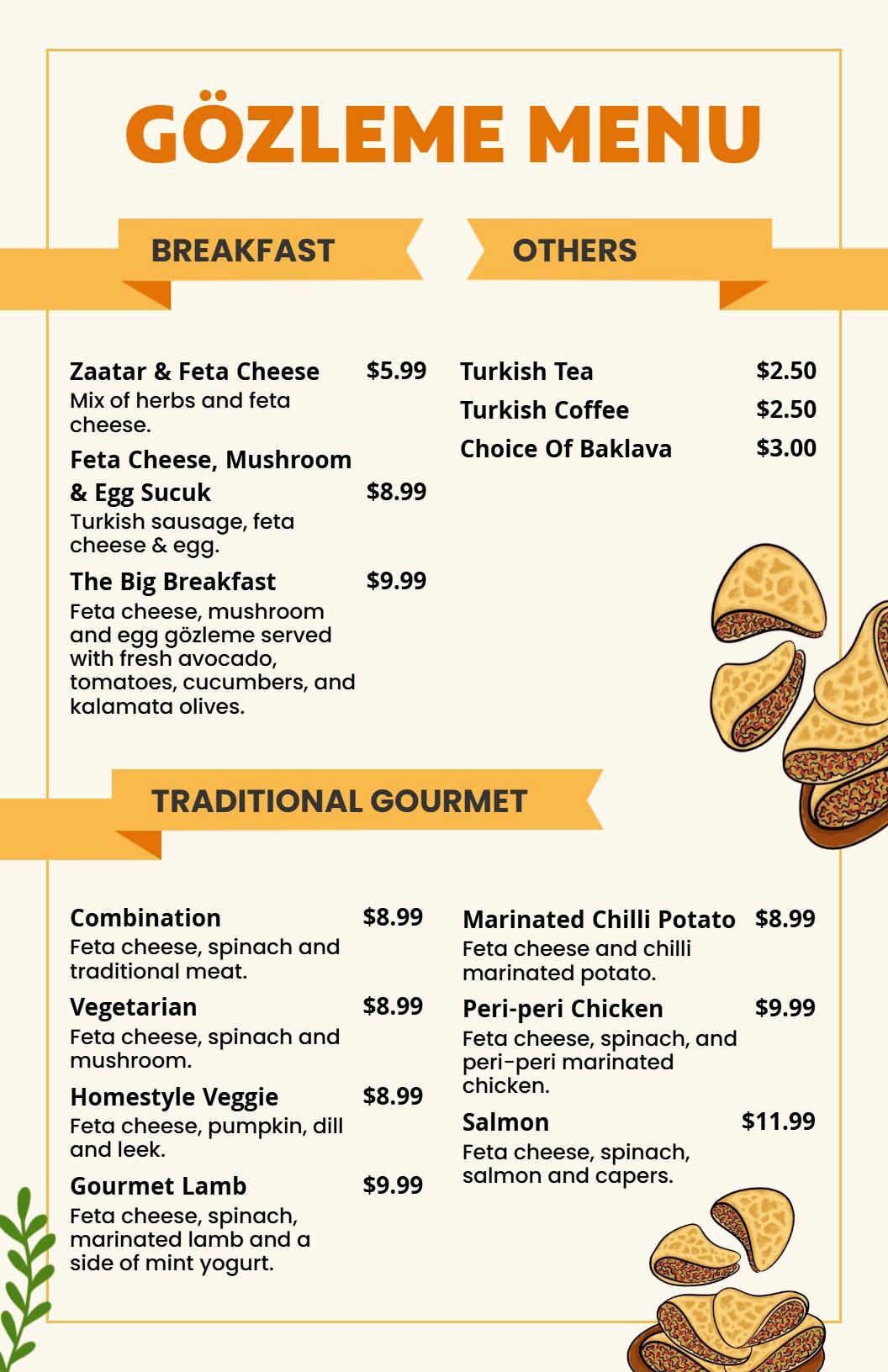 Organic Leafy Borders Turkish Gözleme Café Menu Template