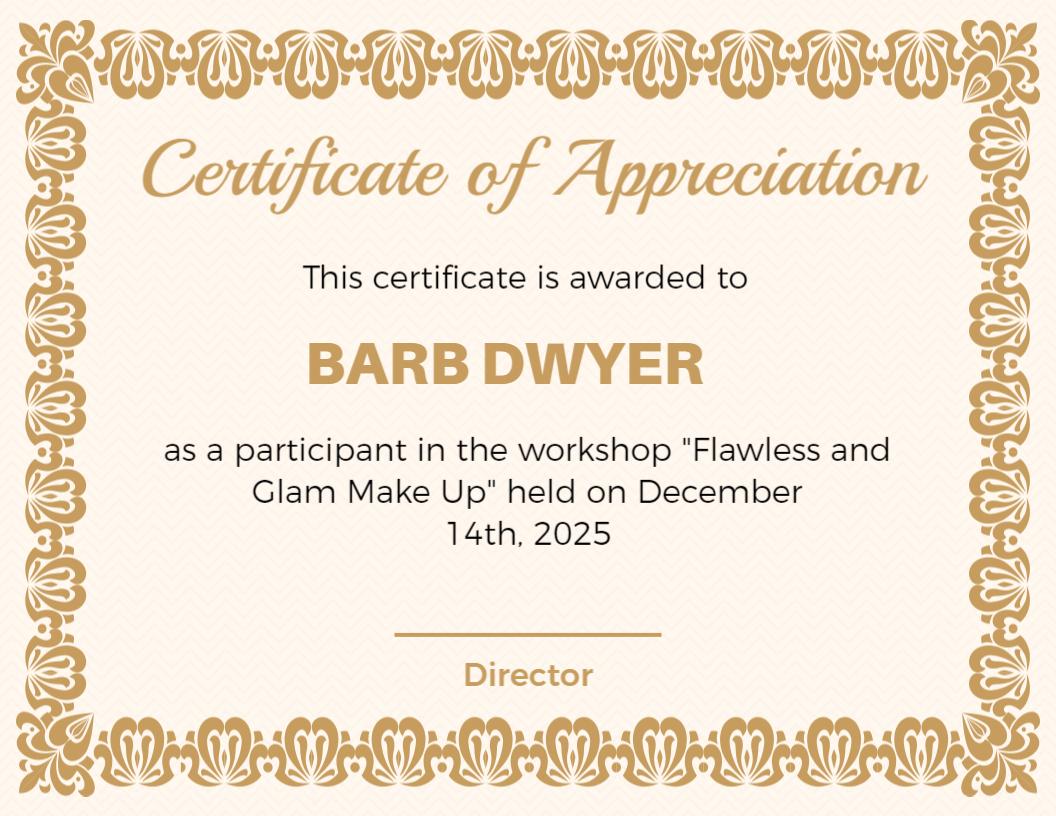 Ornate Gold Flawless and Glam Make Up Workshop Certificate Template