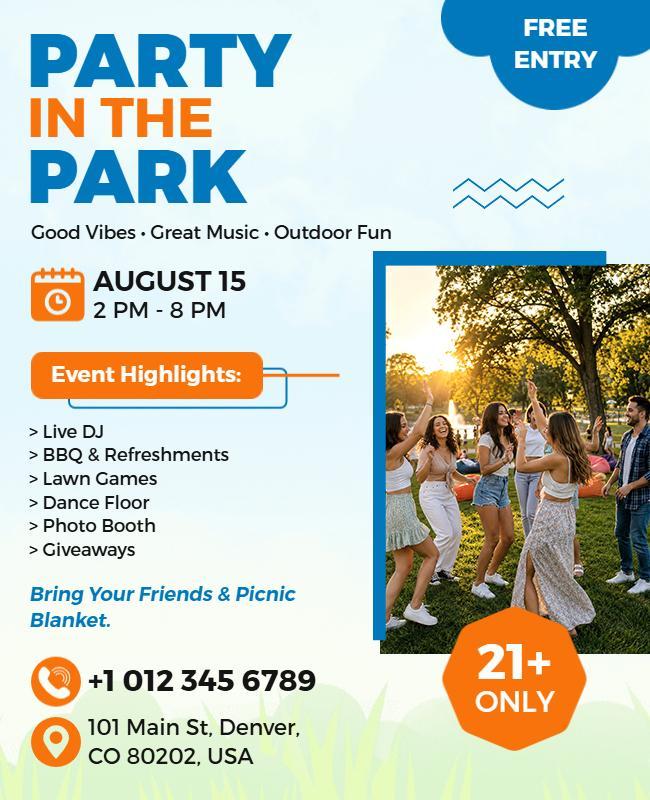 Outdoor Blue and Orange Park Party Celebration Flyer Template