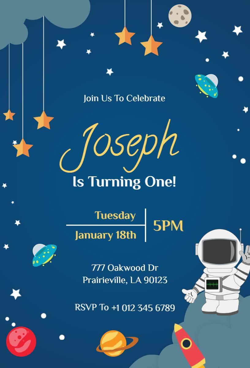 Outer Space Astronaut Themed Birthday Celebration Invitation Template