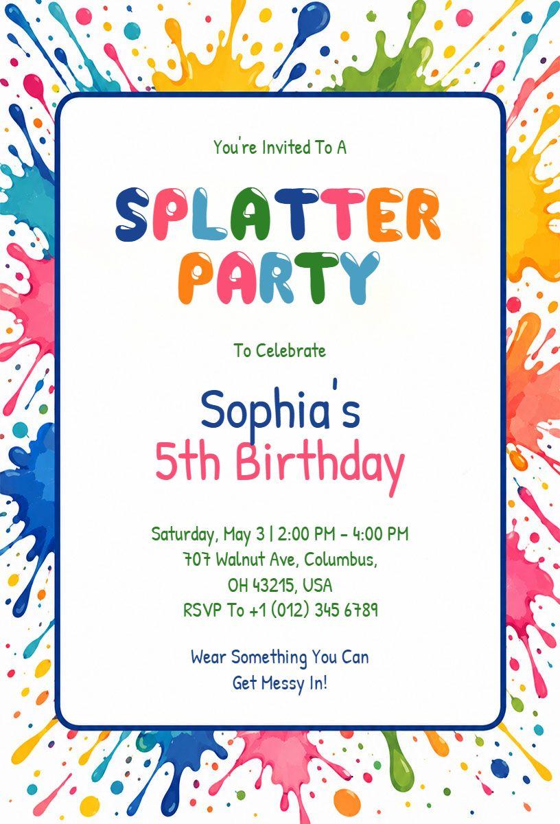 Paint Splatter Themed Birthday Celebration Invitation Template