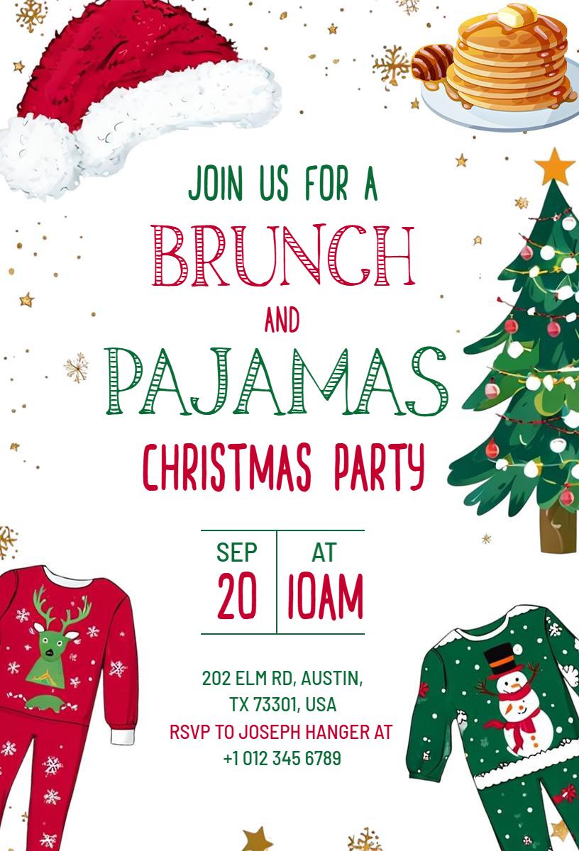 Pajamas Themed Christmas Brunch Party Invitation Template