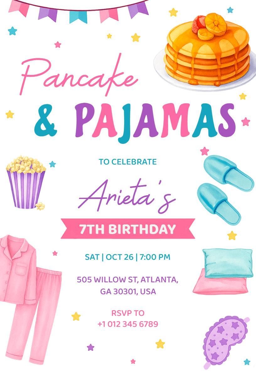 Pancake Pajama Party Colorful Birthday Celebration Invitation Template