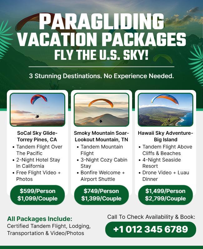 Paragliding Vacation Packages Promotional Flyer Template